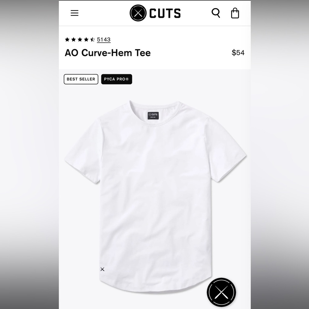 Men’s Cuts Clothing curve hem white tee shirt, size XL